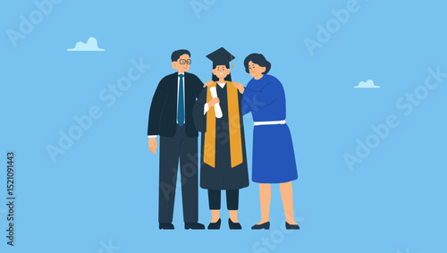 Vector illustration of parents proud of their daughter's academic degree and achievements. Happy graduated female student in graduation cap and robe standing together with mom and dad.
