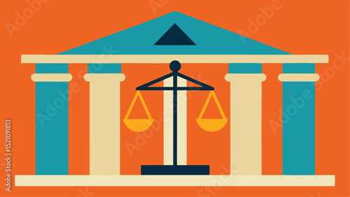 Courthouse building illustration with scales of justice in flat design style