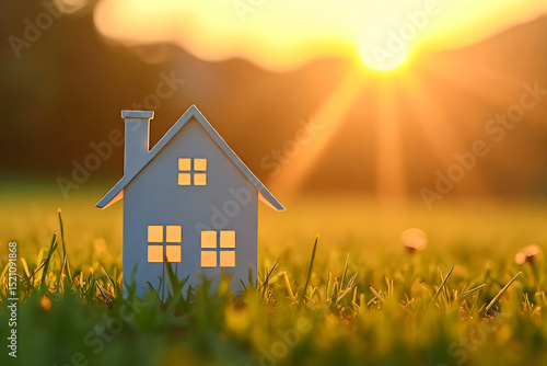 Copy space of home and life concept. Small model home on green grass with sunlight abstract background.