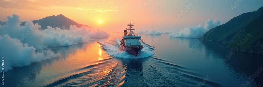 Naklejka premium Longship fleet cutting through dense morning mist , Sweden, history