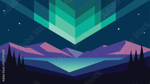 Minimalist geometric landscape with aurora borealis and mountains at night