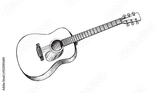 Hand drawn acoustic guitar silhouette vector illustration with detailed strings and frets isolated on a white transparent background