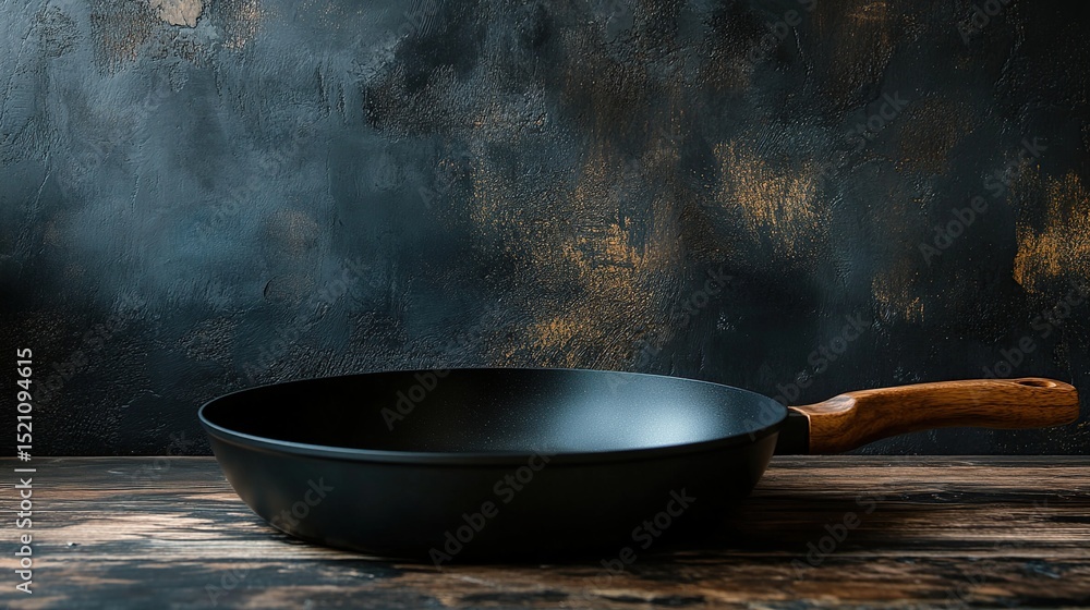 A dark, empty frying pan with a wooden handle rests on a rustic wooden surface against a textured, dark-blue-and-gold backdrop. Subtle light highlights the pan A dark, empty frying pan with a wooden handle rests on a rustic wooden surface against a textured, dark-blue-and-gold backdrop. Subtle light highlights the pan