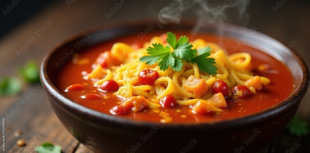 Close-up of cheesy chili, vibrant colors, steaming hot in bowl, mexican food, spice, recipe Close-up of cheesy chili, vibrant colors, steaming hot in bowl, mexican food, spice, recipe