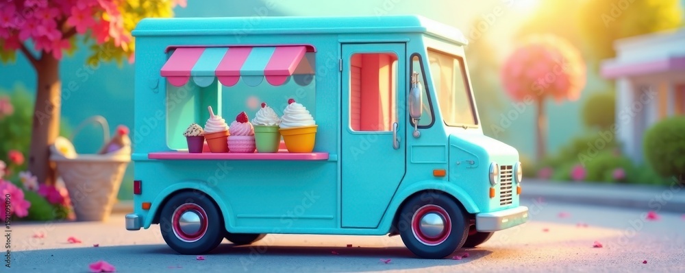 Fototapeta premium Cute blue ice cream truck, colorful ice cream and popsicles , whimsical, summer