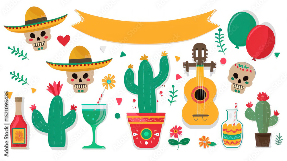Fototapeta premium Mexican Fiesta Elements for Celebrations and Events with Cacti, Skulls, and Musical Instruments