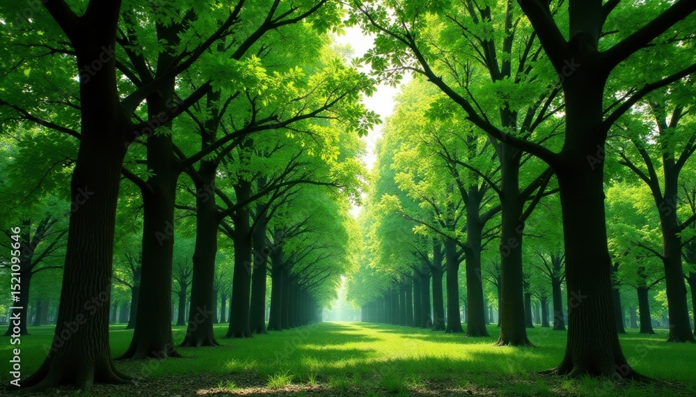 Fototapeta premium Dense young trees, vibrant green crowns, intricate branch patterns, view, organic, leaves