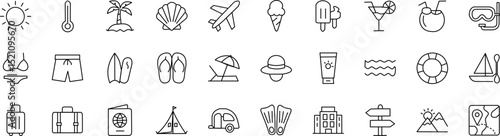 set of 30 outline icons related to vacation