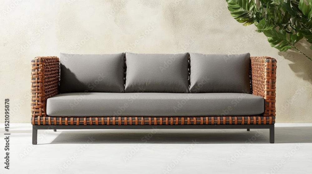 Fototapeta premium Minimalist steel-framed outdoor sofa with rattan weave backrest