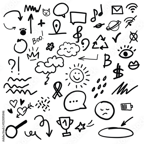 Collection of black hand-drawn doodles including arrows, speech bubbles, weather, emojis, music notes, and abstract symbols on white background. 