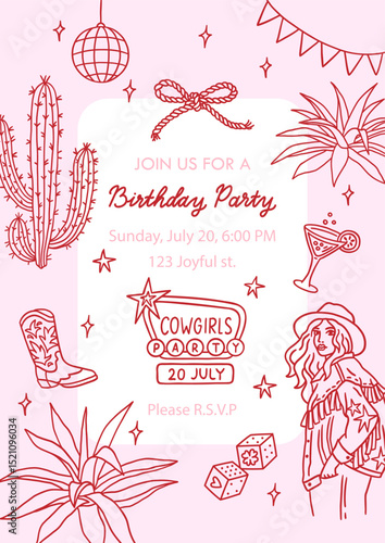 Cowgirl party invitation template with sample text. Hand drawn elements Disco ball, rope bow, cactus, agave, girl, cowboy boots, dice, citrus cocktail, garland, stars. Cowboy wild western concept