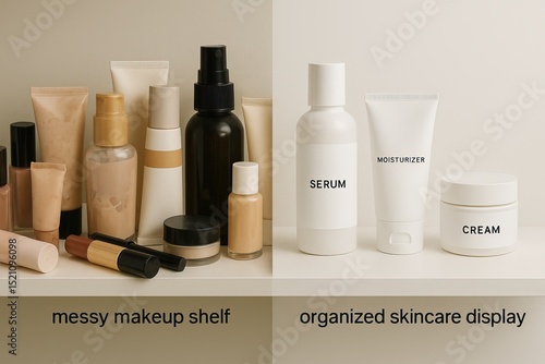 Wallpaper Mural Comparison of a messy makeup shelf and an organized skincare display in a well lit space Torontodigital.ca