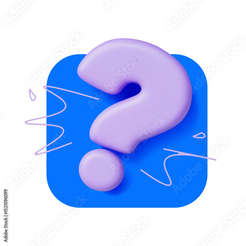 3D icon of a purple question mark on a blue background. Symbol for help, online support, business consulting, education, and FAQ sections.