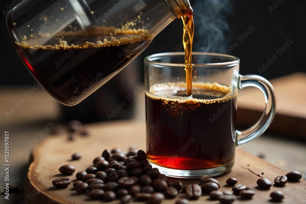 Close-up of freshly brewed coffee pouring from a French press into a mug, rich aroma and steam visible Dark roasted beans scattered nearby, rustic wooden table , texture, coffee beans Close-up of freshly brewed coffee pouring from a French press into a mug, rich aroma and steam visible Dark roasted beans scattered nearby, rustic wooden table , texture, coffee beans