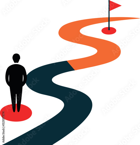 Businessperson Walking a Winding Road with Milestones