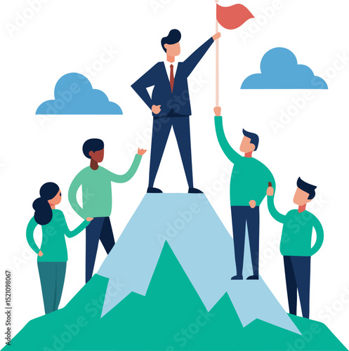 Manager Holding a Flag on Top of a Mountain Celebrating