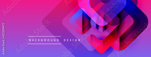 Abstract geometric shapes overlap, creating vibrant gradient effect. Purple, pink, blue hues dominate design. Text reads background design.