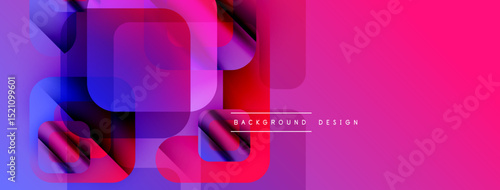 Abstract geometric shapes overlap. Vibrant pinks, purples create modern design. Text reads background design. Minimalist aesthetic.