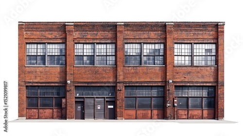 A long, low red brick building with multiple large windows and industrial-style doors, set against a stark white background.  It shows signs of age and wear, yet 