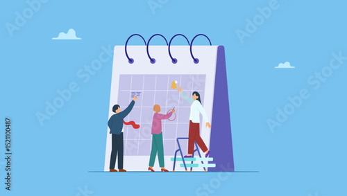 Business people, employee on schedule calendar, symbolizes calendar plan or office appointment, meeting agenda, professional project timeline, planner or schedule, event reminder, date or deadline.