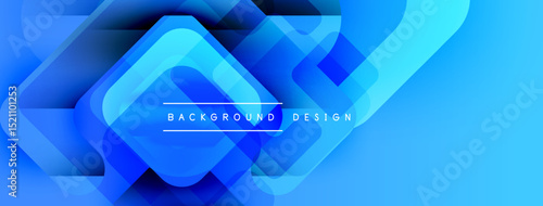 Abstract blue layers create dynamic background. Geometric shapes overlap, forming modern design. Bright gradients enhance visual appeal.
