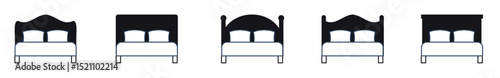 Close up of bed with headboard against wall with wooden decor Bed, A cozy and stylish bed in the bedroom. Vector illustration