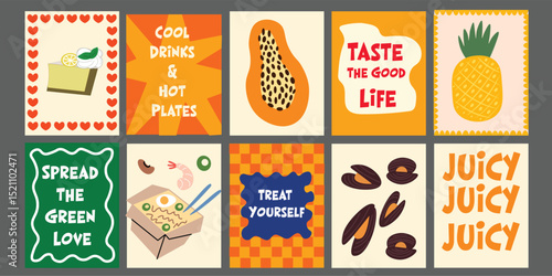 Vibrant summer food banner, perfect for bistro or restaurant promotion. Featuring fresh tomatoes, broccoli, avocado, pineapple, pomegranate, and fun phrases like “Taste the Summer.”