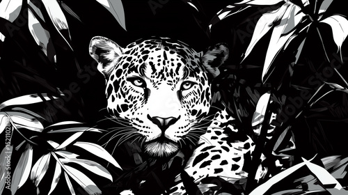 Black and white sketch of a jaguar resting among jungle leaves, minimalist style