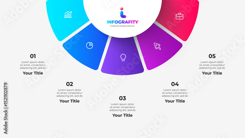 Infographic featuring five segmented sections with icons and placeholders. Ideal for presentations and business related designs illustrating processes or steps in a colorful, appealing visualization