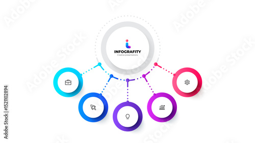 A visually appealing infographic design with a central circle connecting 5 smaller circular icons, representing concepts of business, teamwork, and ideas in a modern style