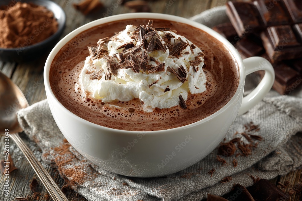 Rich hot chocolate topped with whipped cream and chocolate shavings in a cozy setting during winter Rich hot chocolate topped with whipped cream and chocolate shavings in a cozy setting during winter
