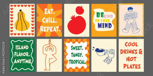 Bistro-style banner with bright vegetables and fruits, including tomato, granat, broccoli, and avocado. Includes catchy phrases like “Eat Bright, Feel Light” and “Nature’s Candy.” 