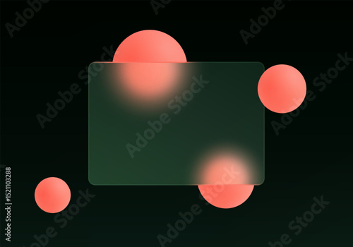 Minimalistic glass morphic design with dark green matte bank card and soft coral 3D spheres, perfect for fintech, UI or payment card visualizations.