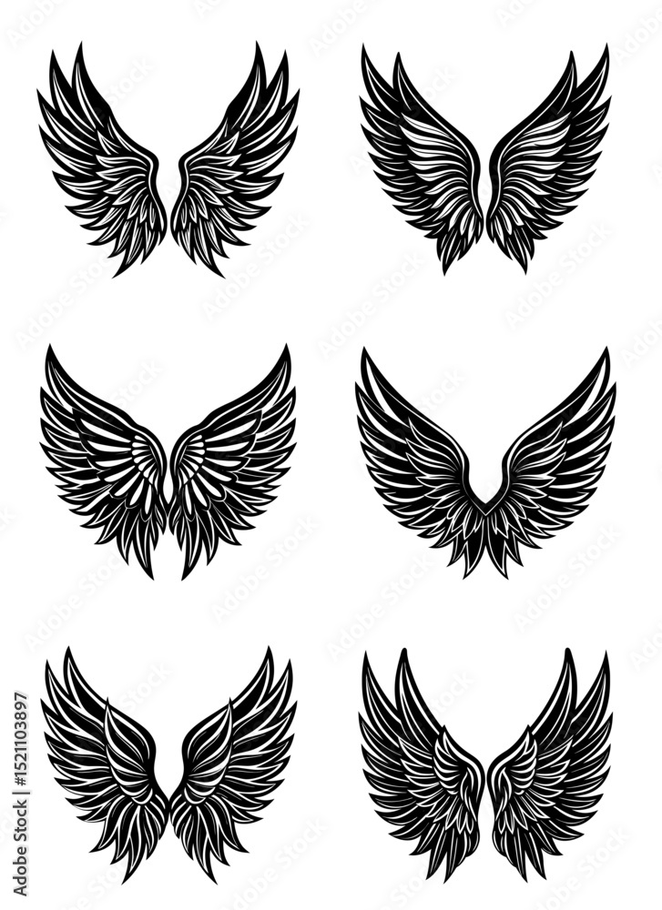 Wing Silhouette Icons in Vector Design. Black Feathered Bird and Angel Wings Collection on White Background. Decorative Logo Elements for Creative Projects and Tattoo Inspiration
Wing Silhouette Icons in Vector Design. Black Feathered Bird and Angel Wings Collection on White Background. Decorative Logo Elements for Creative Projects and Tattoo Inspiration