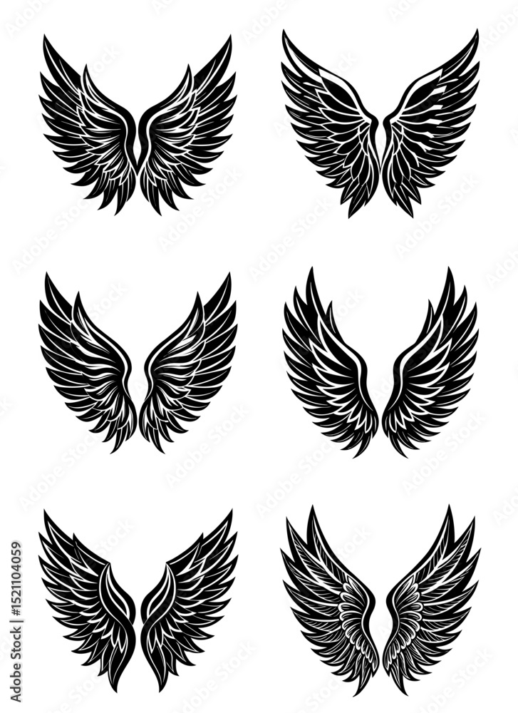Bird and Angel Wings Icon Vector Collection. Black Feather Silhouettes on White Background. Set of Flying Wing Symbols for Tattoo, Logo Design, and Decorative Branding Use
Bird and Angel Wings Icon Vector Collection. Black Feather Silhouettes on White Background. Set of Flying Wing Symbols for Tattoo, Logo Design, and Decorative Branding Use