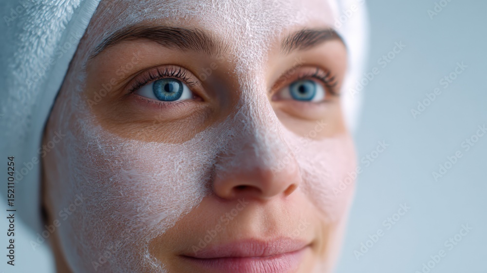 Woman with face mask smiles at camera. Skin care treatment, beauty, cosmetic, facial Woman with face mask smiles at camera. Skin care treatment, beauty, cosmetic, facial