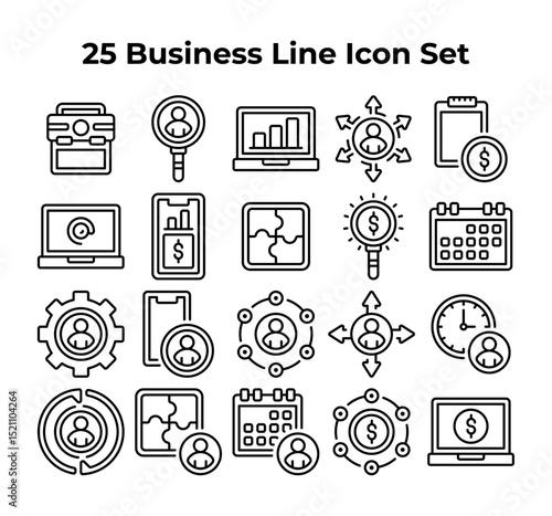 Twentyfive black business line icons are neatly arranged.