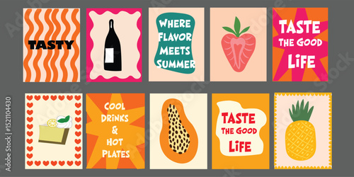 Summer-themed food banner for restaurant use, featuring juicy tomatoes, broccoli, pomegranate, and pineapple. Includes fun food phrases and a bright color scheme.