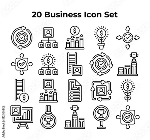 Twenty business line art icons depict growth success and teamwork.