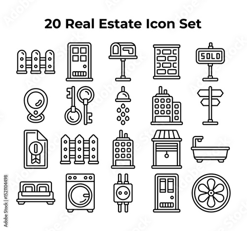 real estate icons feature houses keys fences and more.