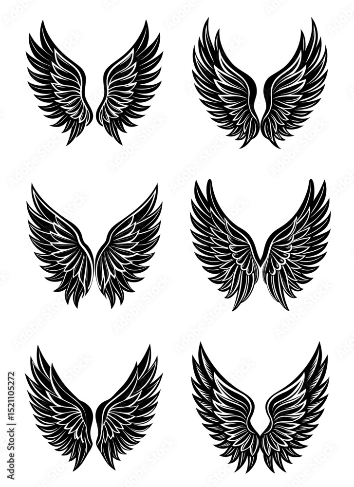 Set of Flying Wings Icons in Black Vector Style. Feathered Angel and Bird Wing Silhouettes for Decorative Logos and Tattoo Designs. White Background for Clean Graphic Design Use
Set of Flying Wings Icons in Black Vector Style. Feathered Angel and Bird Wing Silhouettes for Decorative Logos and Tattoo Designs. White Background for Clean Graphic Design Use