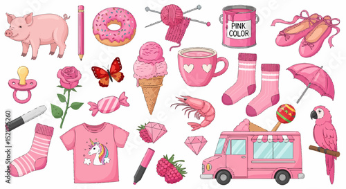 Pink Items Collection Vector Illustration Set of Food and Objects