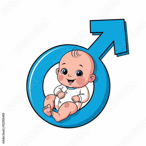 Cartoon Baby Boy Gender Reveal Announcement With Blue Male Symbol