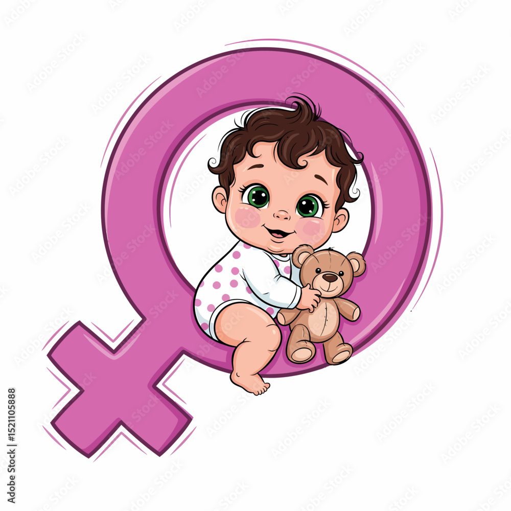Cute Baby Girl with Teddy Bear Inside Female Gender Symbol Cute Baby Girl with Teddy Bear Inside Female Gender Symbol