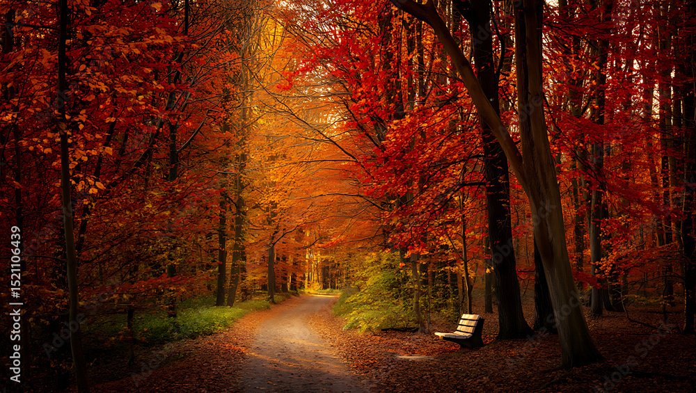 Obraz premium An enchanting path winds through the autumn forest, showcasing vibrant fall foliage and the serene beauty of nature