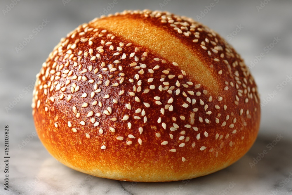 Freshly baked sesame seed bun on a marble countertop ready for delicious toppings or pairing with meals Freshly baked sesame seed bun on a marble countertop ready for delicious toppings or pairing with meals