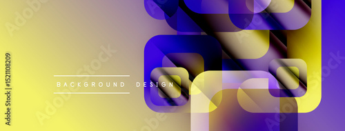 Abstract geometric shapes overlap, creating vibrant color gradients. Yellow background complements blue, purple hues. Modern design element.