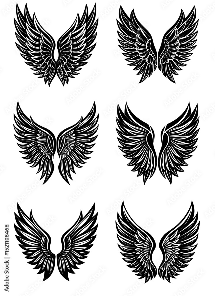 Set of black wing icon silhouettes. Angel and bird wings for logo design, tattoo ideas, or digital graphics. Clean vector style on white background. Elegant flat vector illustration.
Set of black wing icon silhouettes. Angel and bird wings for logo design, tattoo ideas, or digital graphics. Clean vector style on white background. Elegant flat vector illustration.
