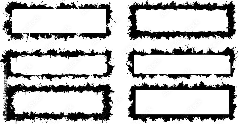 Obraz premium Grunge graffiti boarder silhouettes with wet splatters, paint drips, ink spray texture. Geometric frames with urban street art elements, blank border callouts text box. Vector illustration of grafitti