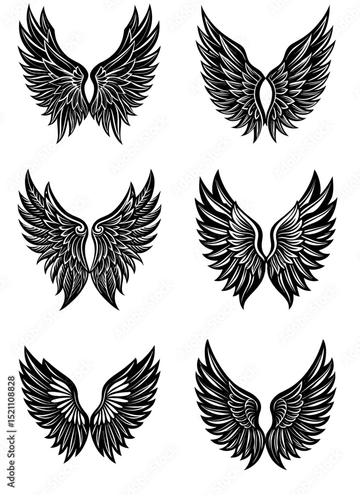 Set of modern wing icons in black silhouette. Bird wings, feather symbols, and angel shapes isolated on white background. Perfect for logos, tattoo, or branding. Flat vector artwork.
Set of modern wing icons in black silhouette. Bird wings, feather symbols, and angel shapes isolated on white background. Perfect for logos, tattoo, or branding. Flat vector artwork.